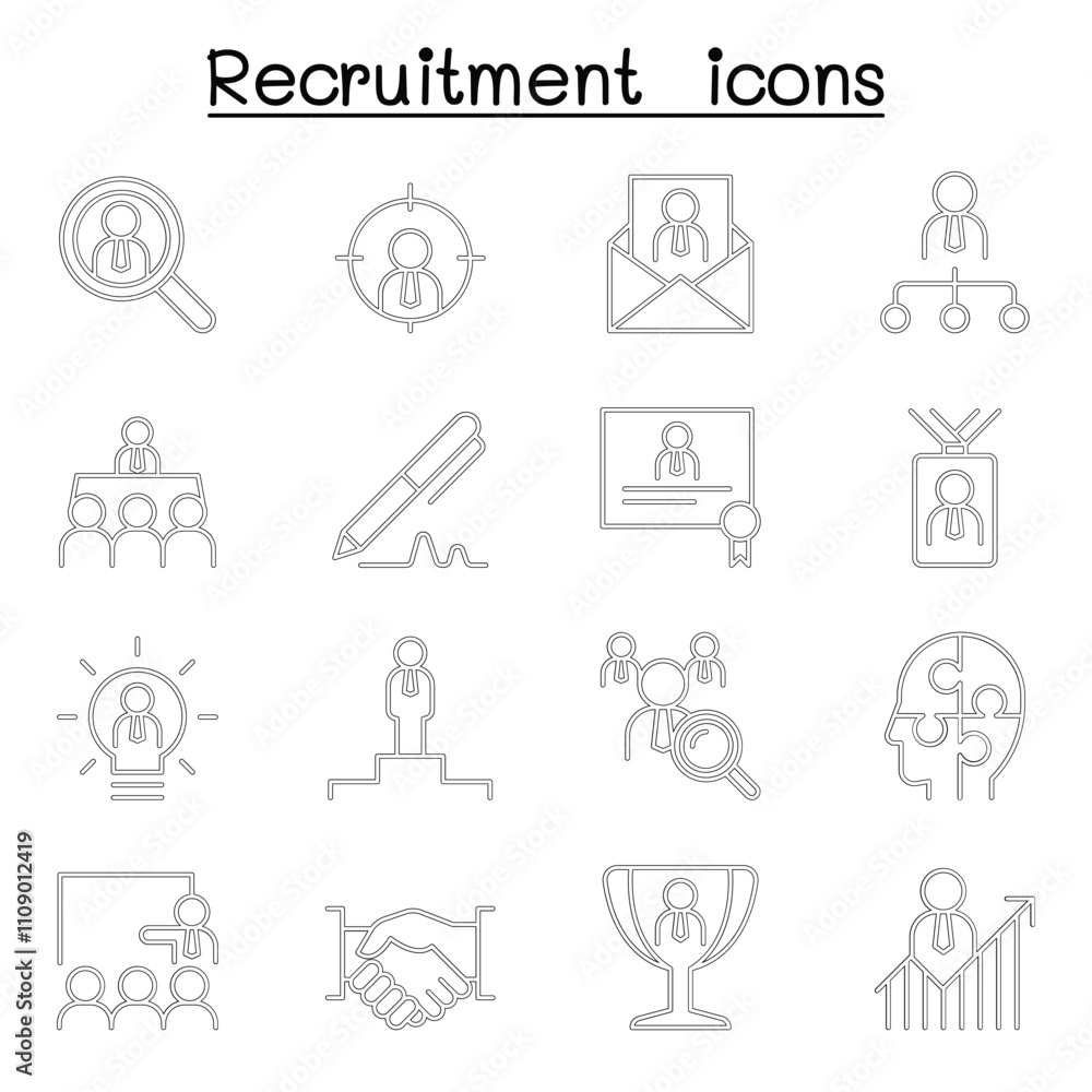 Recruitment, career & job icon set in thin line style Recruitment, career & job icon set in thin line style