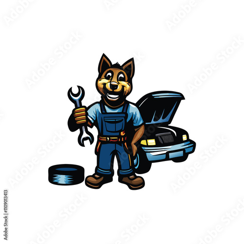 A cheerful canine mechanic, wearing a grease-stained jumpsuit and cap, grins broadly while holding a wrench.