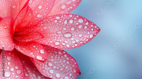  a vibrant red flower with water droplets glistening on its petals, set against a crisp blue background