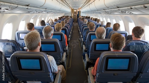 Wallpaper Mural Full Airplane Cabin, View From Behind with Passengers on Seats, Travel and Transportation. Torontodigital.ca