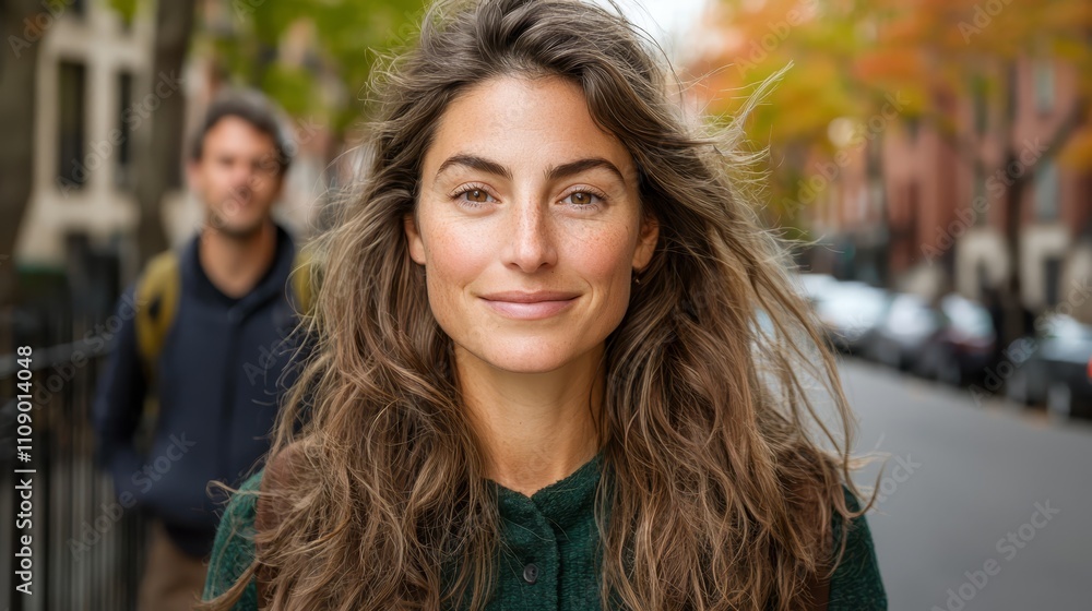 a woman with long brown hair smiling at the camera while standing in front of a fence Behind her stands a man wearing a backpack, and in the background there are v a woman with long brown hair smiling at the camera while standing in front of a fence Behind her stands a man wearing a backpack, and in the background there are v