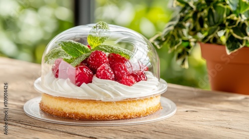  a cheesecake with whipped cream and raspberries on top, sitting on a plate on a table with a houseplant in the background The background is slightly blurred, givin photo