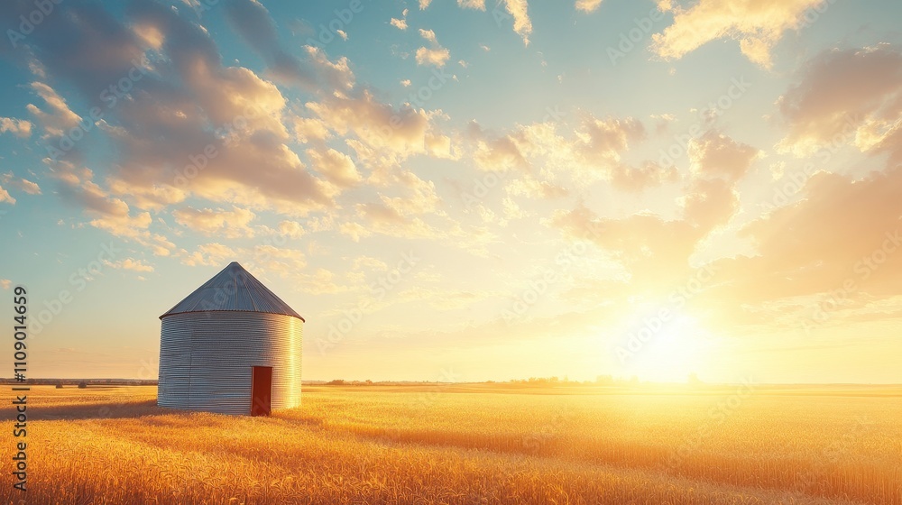 Golden Wheat Field at Sunrise with Farm Structure Golden Wheat Field at Sunrise with Farm Structure