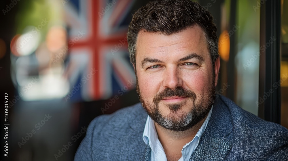 Fototapeta premium a man with a beard wearing a suit and smiling in front of a British flag, with a blurred background