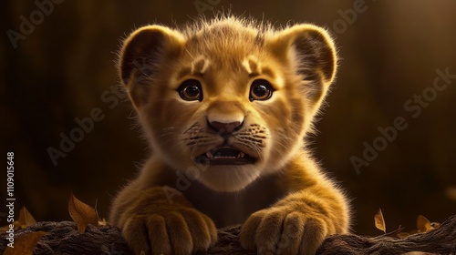 Close-up Portrait of a Cute Lion Cub with a Scared Expression on Its Face, Wildlife Photography