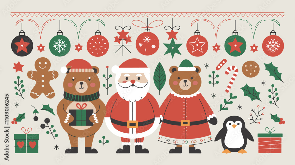 Fototapeta premium Festive Christmas Patterns with Seasonal Elements and Holiday Decorations 