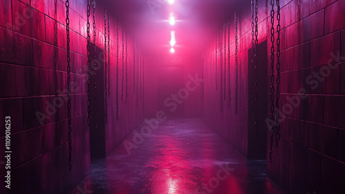 Dark hallway with purple and red lighting, chains, and eerie atmosphere, perfect for horror or thriller visuals