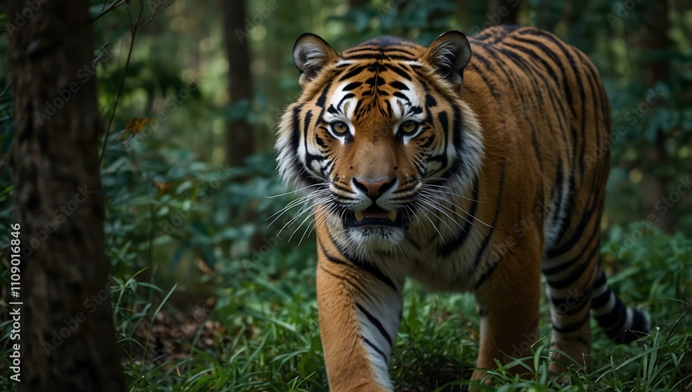 Naklejka premium Tiger prowling in a dense forest.