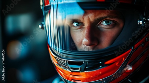 Race Car Driver Intense Focus Behind Helmet Visor