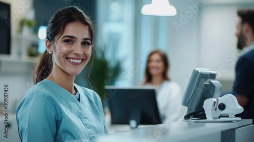 Dentist receptionist greeting patients and managing dental appointments in a dental office