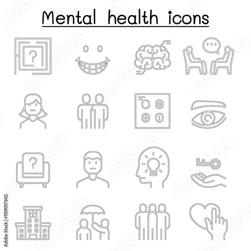Mental health icon set in thin line style