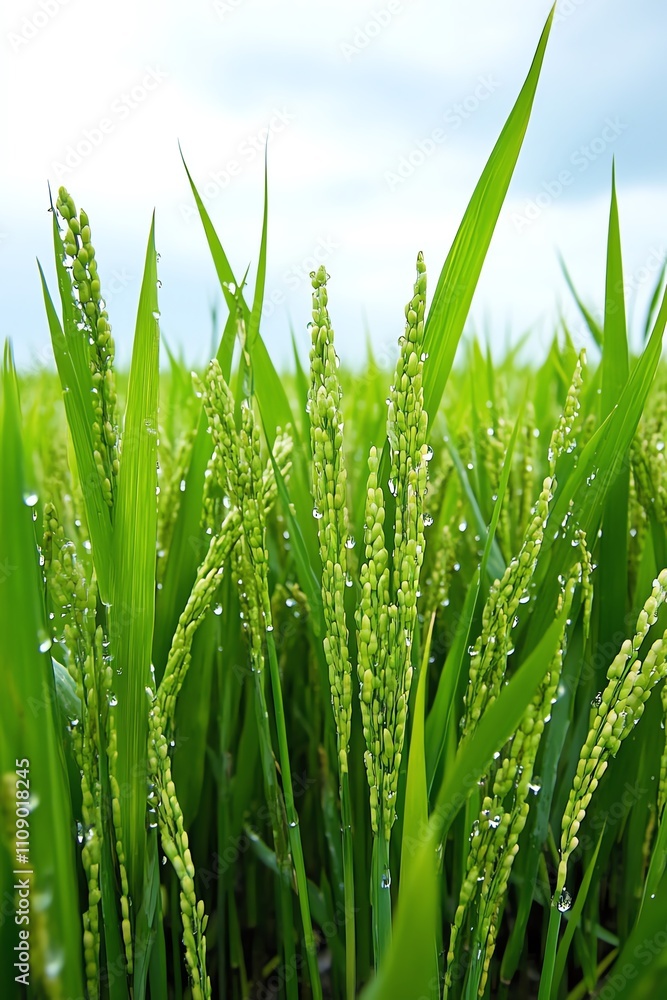 Obraz premium Vibrant green rice plants glistening with dew under a cloudy sky, showcasing nature's beauty and agricultural vitality.