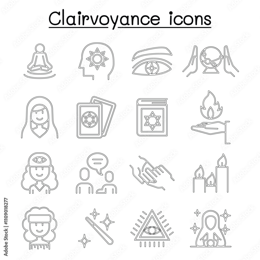 Fototapeta premium Clairvoyance, fortune teller icon set in thin line style