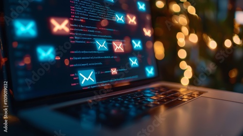 A laptop screen displays colorful notifications with email icons and code, suggesting a tech-focused environment illuminated by ambient lights.