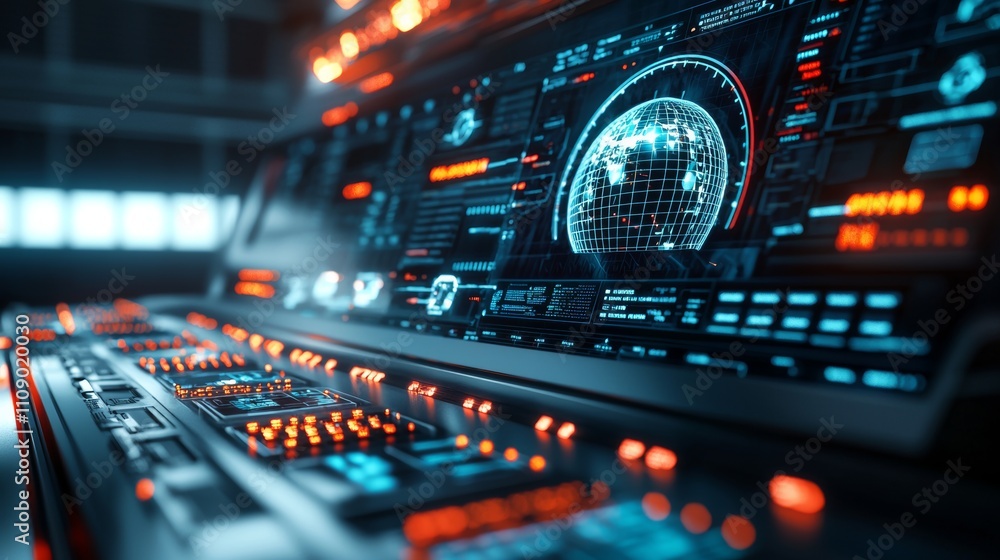 A futuristic control panel featuring glowing buttons and a holographic globe, showcasing advanced technology and digital interfaces. A futuristic control panel featuring glowing buttons and a holographic globe, showcasing advanced technology and digital interfaces.