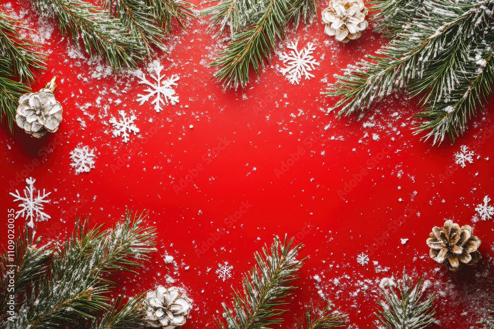 Obraz premium Christmas decorations on red background with snow flakes and pine