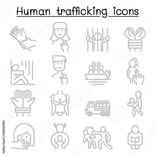 Human trafficking icon set in thin line style