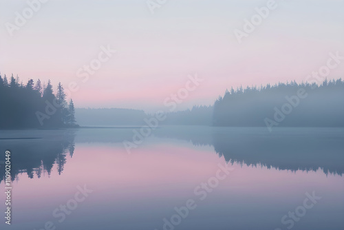 Serene Twilight Over Tranquil Lake with Silhouetted Trees Reflecting in Dusky Water