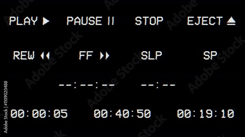 13 VHS Playback Elements with Screen Distortion Noise - Play, Pause Rewind Fastforward Stop Eject SLP SP and TimeCode photo