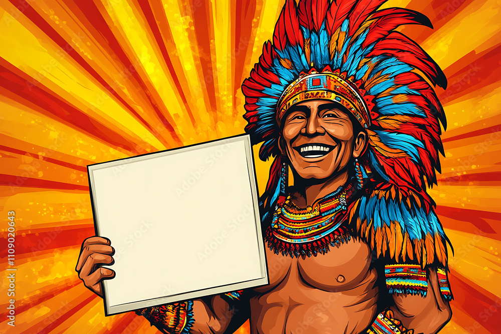 A smiling man in traditional attire holds a blank sign against a vibrant background. A smiling man in traditional attire holds a blank sign against a vibrant background.
