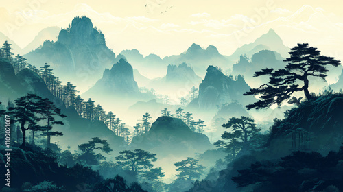 a zen style beautiful landscape of mountainous forests