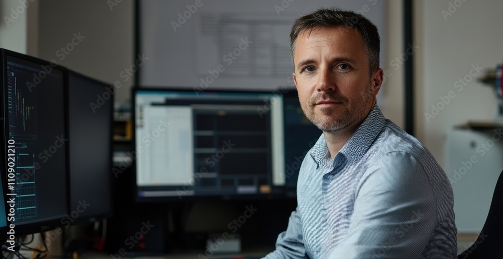 Obraz premium Professional man working at a computer desk in an office