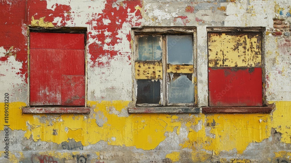 Naklejka premium A decaying urban building with broken windows, peeling paint in red and yellow, and colorful graffiti art, showcasing the contrast of decay and vibrancy