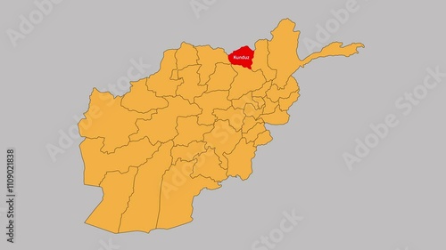 Kunduz map animated video. The location is highlighted on the Afghanistan map. Colour map with Gray background in video format.