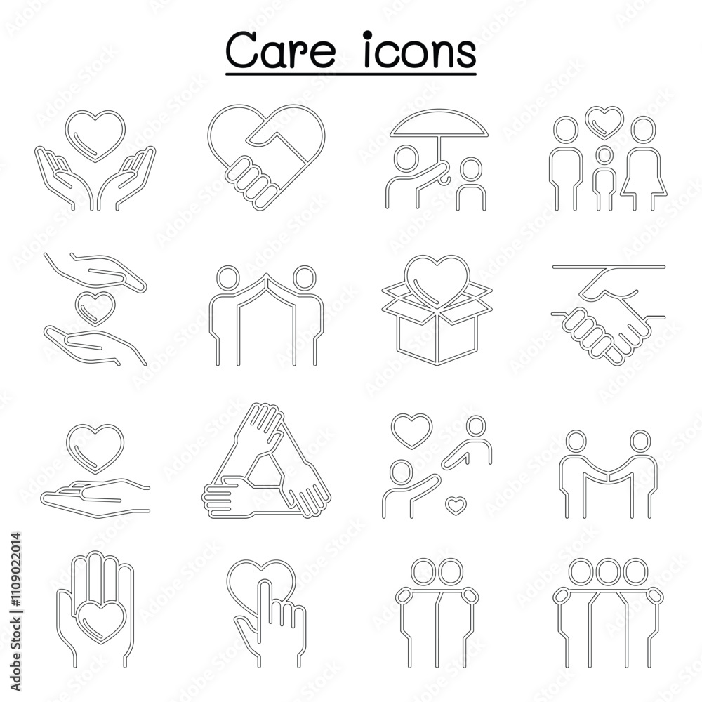 Naklejka premium Care, Kindness, Generous icon set in thin line style
