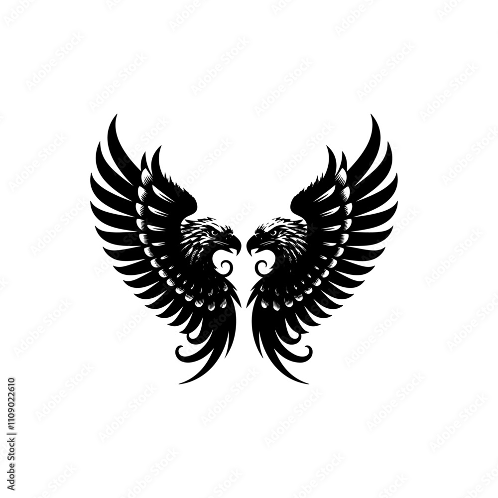 Obraz premium Silhouette of two eagle heads facing each other, Black and white illustration two eagle vector silhouette