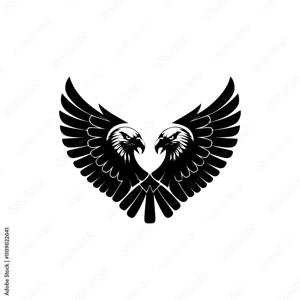 Fototapeta premium Silhouette of two eagle heads facing each other, Black and white illustration two eagle vector silhouette