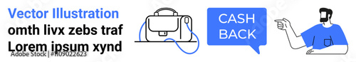 Virtual reality headset, cashback speech bubble, and man pointing with placeholder text. Ideal for ecommerce, marketing, technology blogs, finance, online ads, UIUX design, and educational content