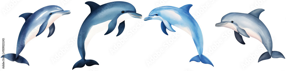 Fototapeta premium Under sea watercolor, A dynamic display of dolphins in motion, showcasing their agility and grace as they swim.