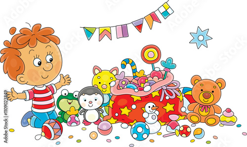 Happy little boy with his Christmas gift bag full of funny colorful toys and sweets, vector cartoon illustration on a white background