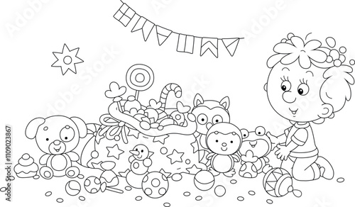 Happy little girl with a Christmas gift bag full of funny toys and sweets, black and white outline vector cartoon illustration for a coloring book