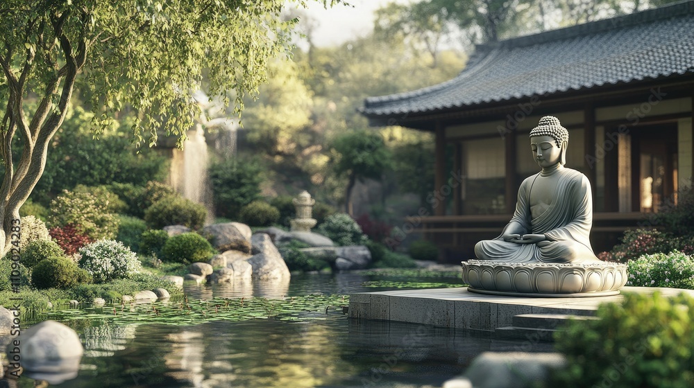 Fototapeta premium A serene Buddha statue meditating peacefully in a lush Japanese temple garden, surrounded by calming natural elements and traditional architecture