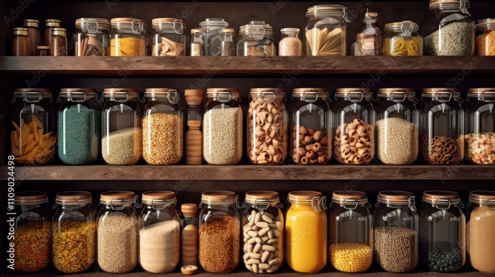 Glass Jars of Food on Wooden Shelves Glass Jars of Food on Wooden Shelves