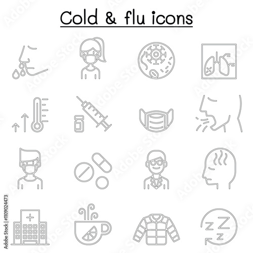 Cold, flu, allergy & sick icon set in thin line style