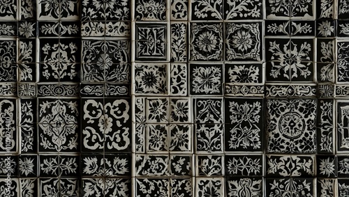 Traditional ceramic tile pattern in black and white.