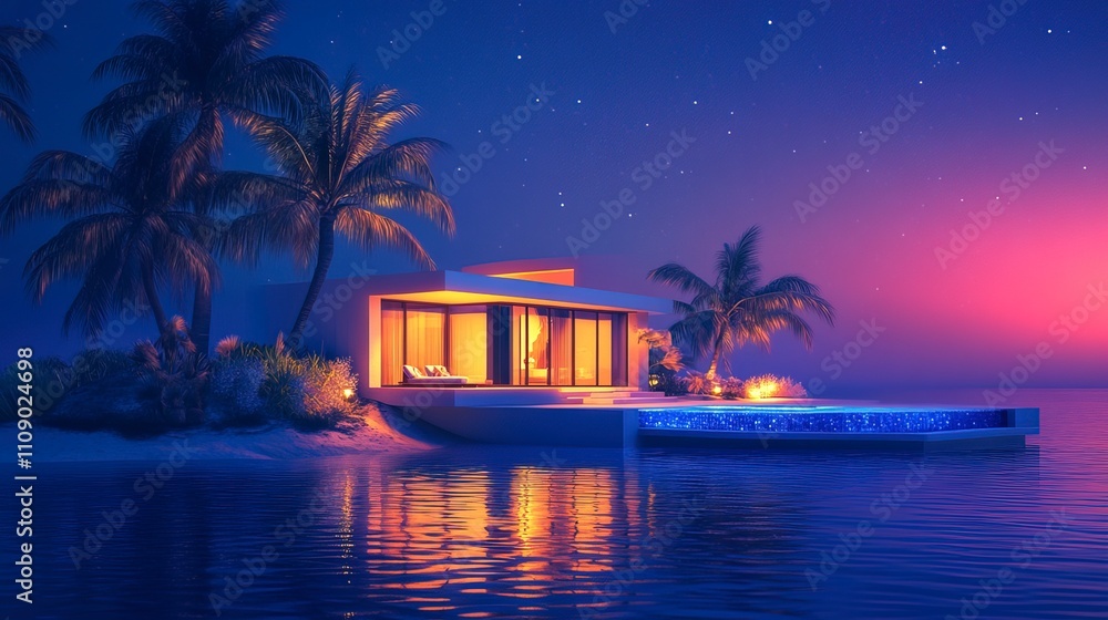 Fototapeta premium Modern luxury villa with pool on a small island at night 