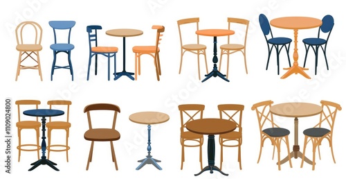 Cafey table and chairs vector illustration set isolated on white background, simple flat design with minimalist colors,