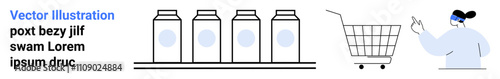 A minimalist graphic depicting a shopper pointing at a cart with four milk cartons on a shelf. Ideal for e-commerce, online shopping, groceries, minimalism, digital tools, modern lifestyle, retail