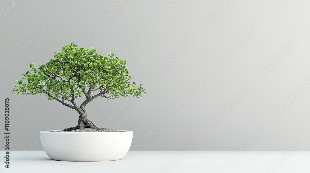 Lush Green Bonsai Tree in a Modern White Pot Against a Minimalist Grey Wall Lush Green Bonsai Tree in a Modern White Pot Against a Minimalist Grey Wall