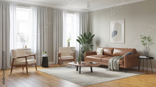 Stylish and Modern Living Room with Natural Light and Cozy Decor. Explore this elegant living room featuring a leather sofa, chic chairs, and lush greenery, perfect for modern interiors.