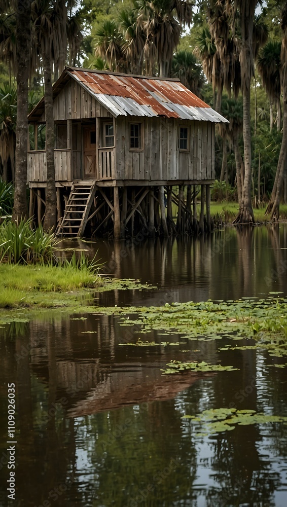 Traditional shack on stilts in Southern U.S. swamp. Traditional shack on stilts in Southern U.S. swamp.