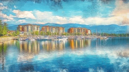 View from the sandpoint city beach park of lake pend oreille waterfront resorts and condominiums with marinas full of boats on a summer day   photo