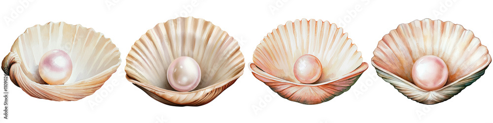 Fototapeta premium Under sea watercolor, Four open shells with pearls nestled inside, showcasing their natural beauty and intricacies.