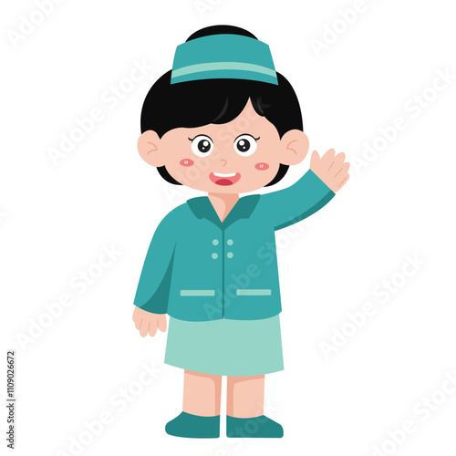 Cute Girl Becomes Air Hostess. Friendly female air hostess waving cheerfully
