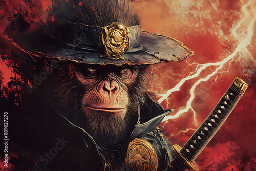 A fierce, samurai-style gorilla with a sword against a dramatic red background. photo