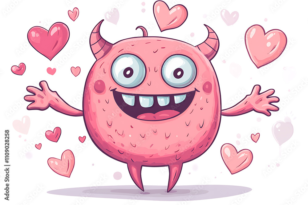 Fototapeta premium A cheerful pink monster surrounded by floating hearts, expressing love and joy.